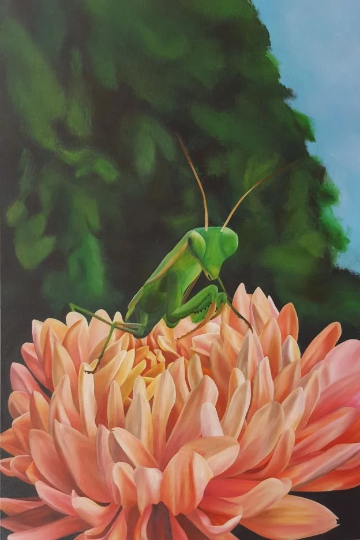 Flower Lovin' Mantis acrylic painting by Lauren Urlacher