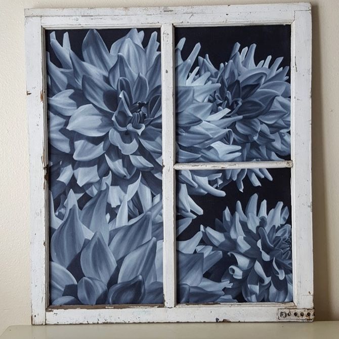 Black and white acrylic painted dahlias in an old window frame. 28" x 32" by Lauren Urlacher